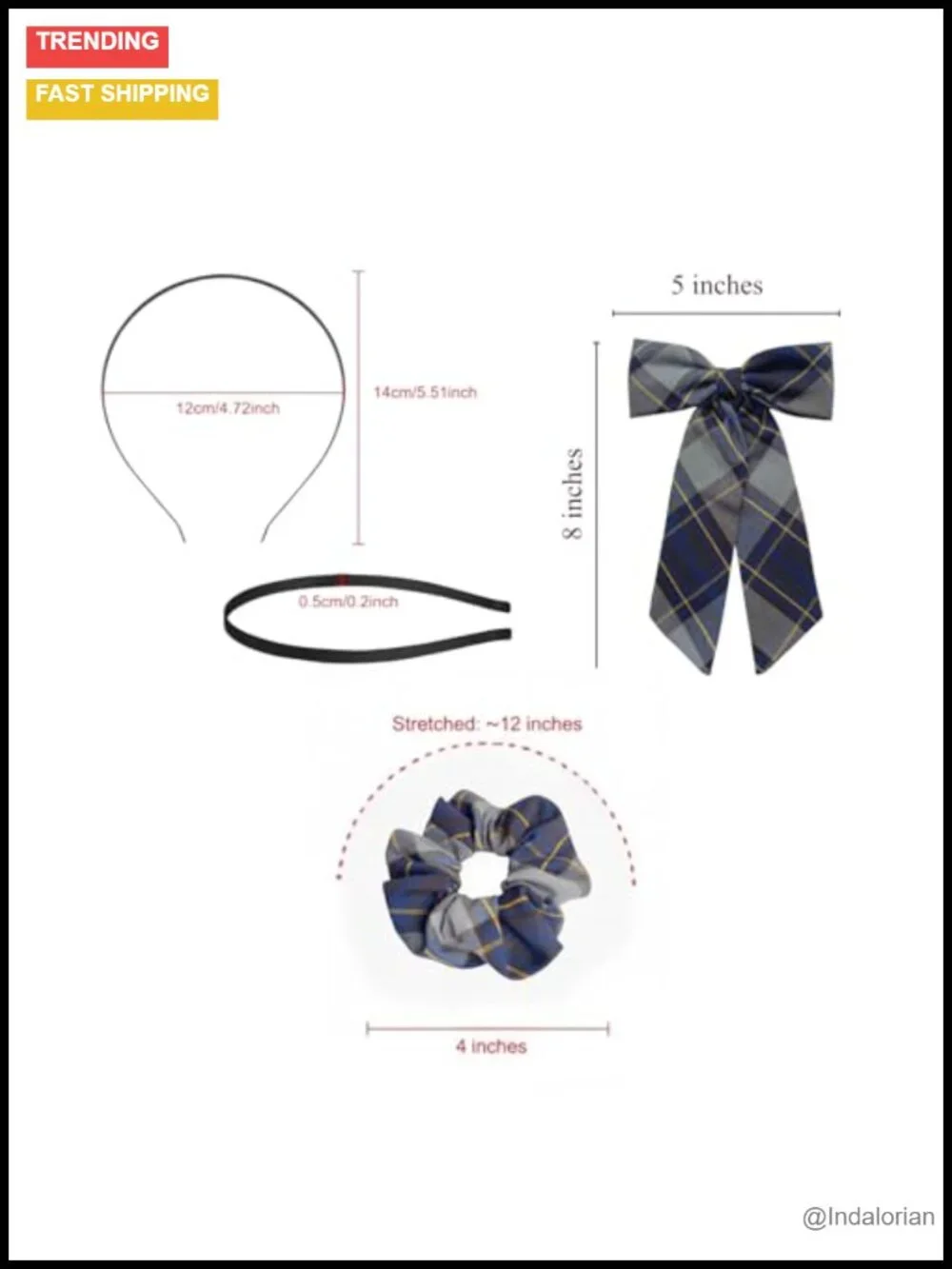 3pc Plaid Hair Bow Set with Headband and Scrunchie School Hair Accessories